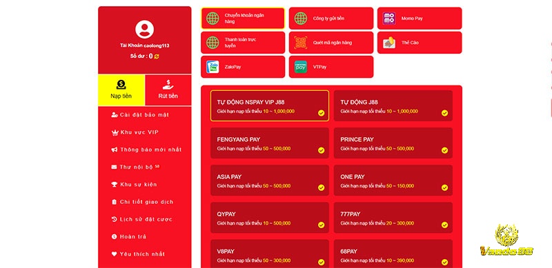 Giao diện nạp/rút tại nhà cái J88